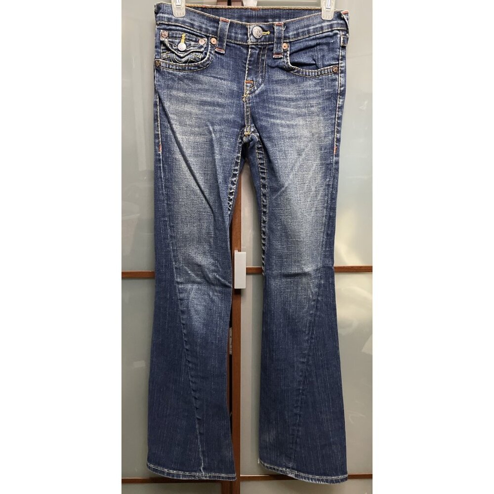True Religion Jeans JOEY Flare Girls Size 14 Youth Kids Blue Twisted Leg Y2K 90s - Picture 2 of 12